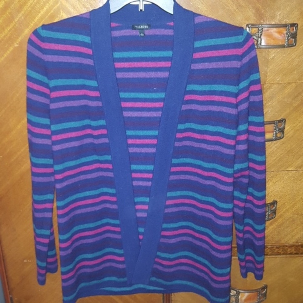 Talbots striped open cardigan, lambswool blend.